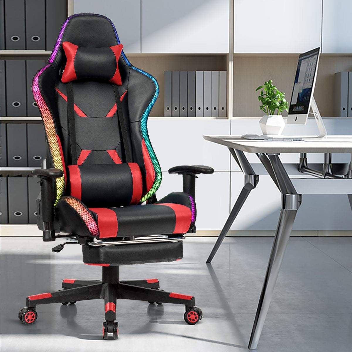 Chaise Gaming Fauteuil De Bureau Hauteur Ajustable Et Dossier Inclinable Repose Pieds Inclus Bleu/Rouge