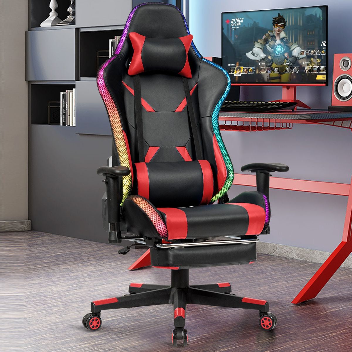 Chaise Gaming Fauteuil De Bureau Hauteur Ajustable Et Dossier Inclinable Repose Pieds Inclus Bleu/Rouge